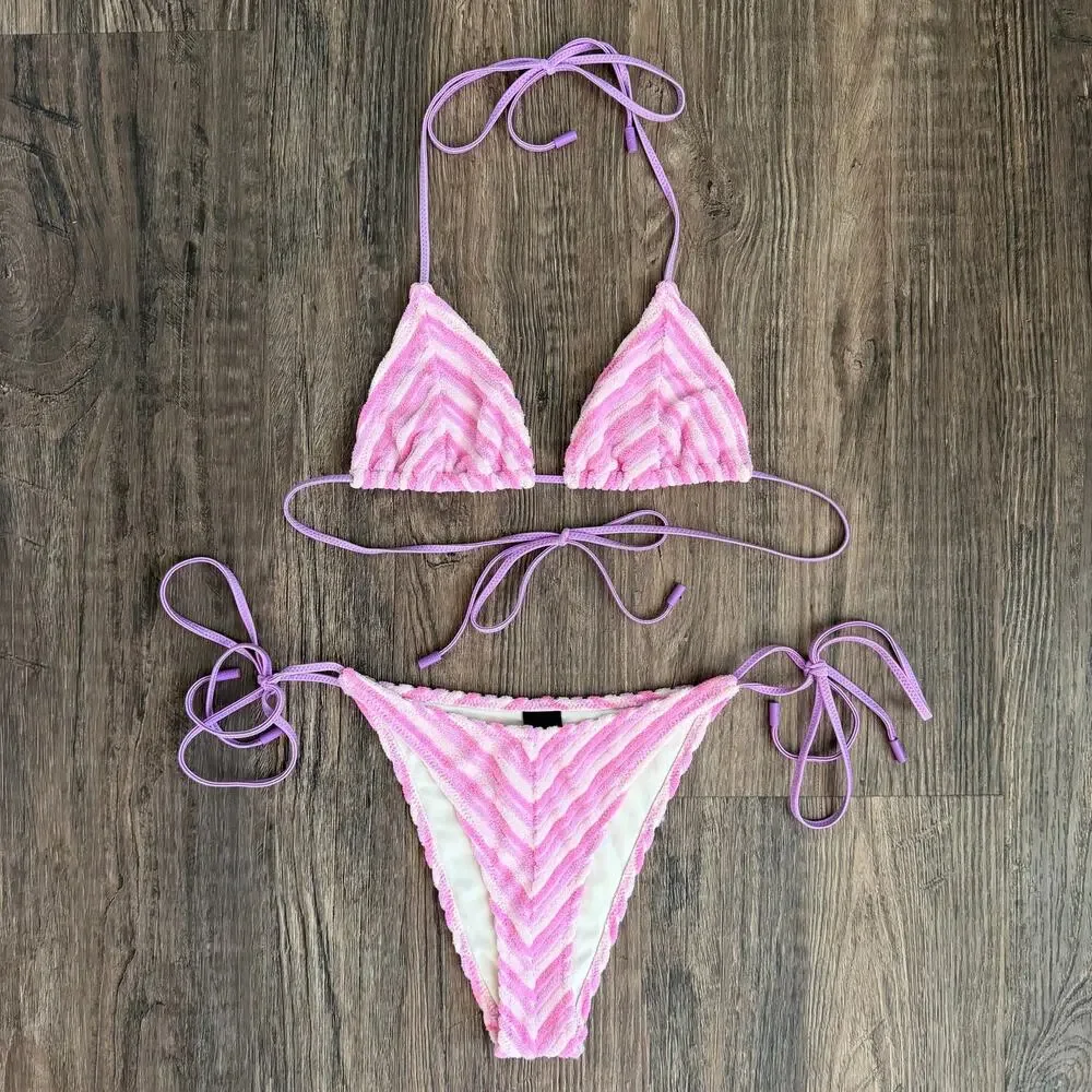 Triangl Swimwear Vinca Lotus Pink Stripe Terry Toweling Bikini Set Size Small